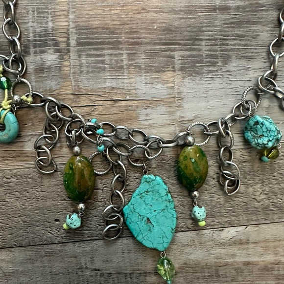 Vintage Silver Chain Turquoise Chunky Charm Necklace - Picture 2 of 4